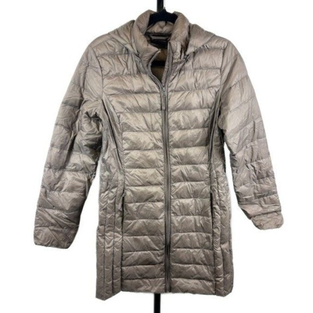 Heatkeep Down Coat Women's Size Medium Beige Hooded Long Full Zip Puffer Jacket
